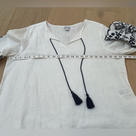 Chico's Linen Blend Blouse with Navy Blue Embroidery - Picture 9 of 11